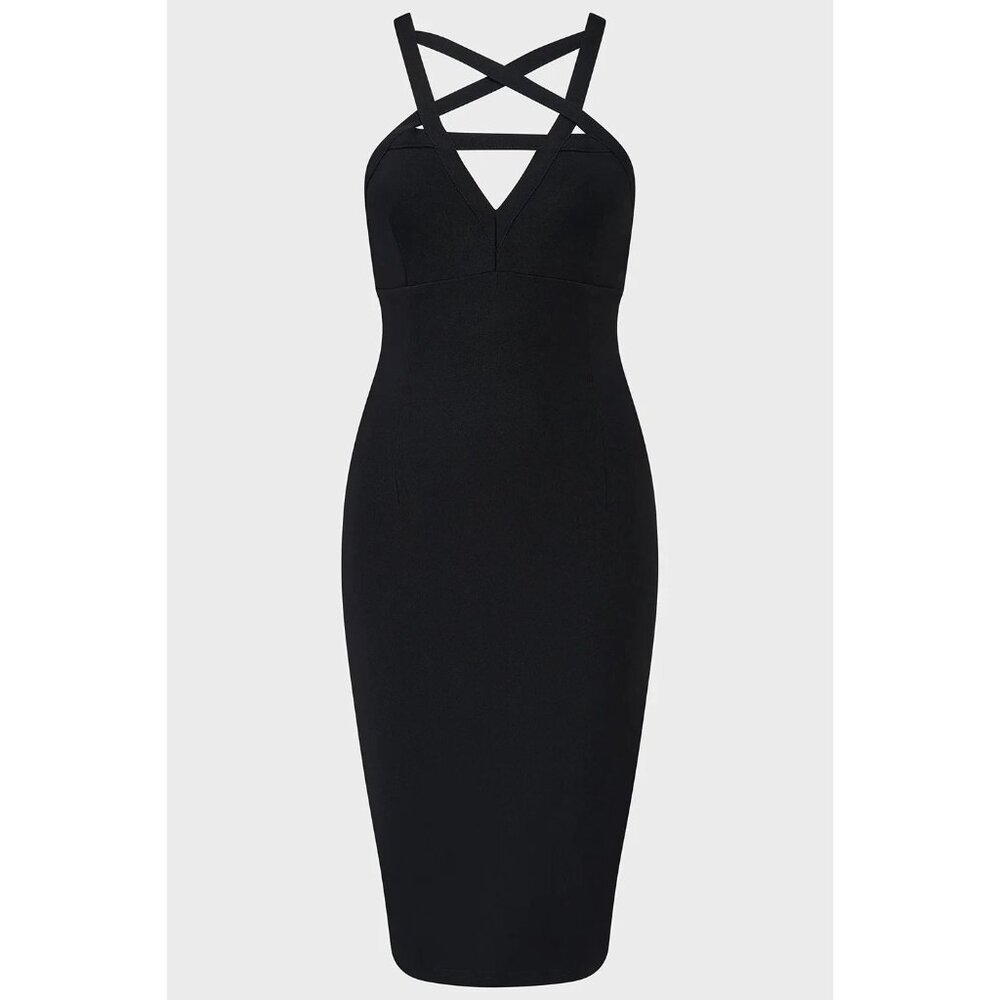 Killstar Dress L Betty Rage Pin Up Midi Strappy Stretchy Bodycon Black Goth NWT